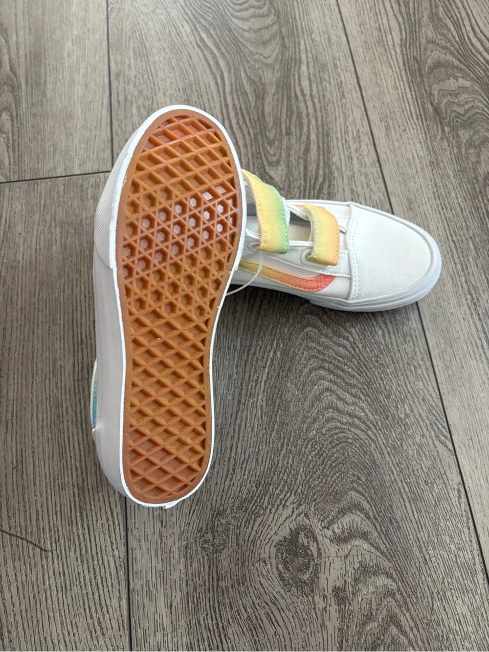 Vans Kids White Canvas Sneakers with Rainbow Gradient Straps NWOT